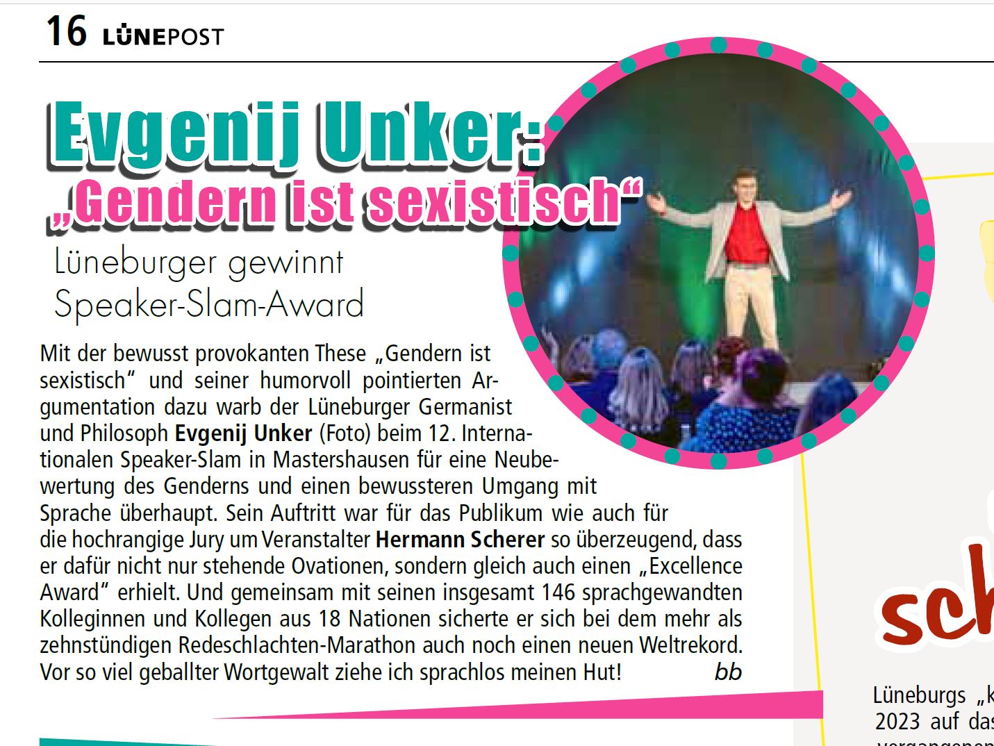 Auszug Lünepost vom Sa./So., 8./9. Oktober 2022 · Jahrgang 47 · Nr. 80, S. 16.